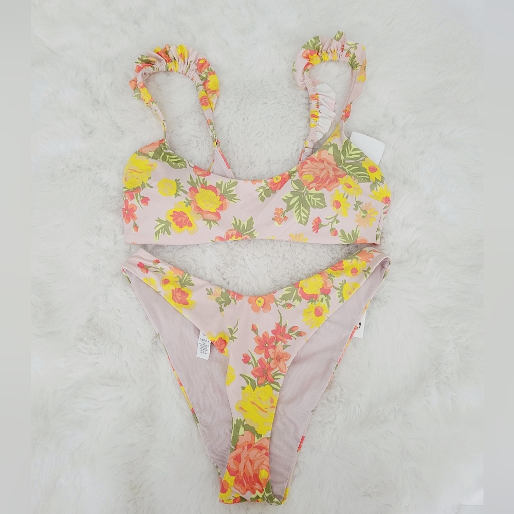🍹AERIE RUFFLE SCOOP BIKINI TOP SIZE L & BOTTOM SIZE M - Picture 2 of 15